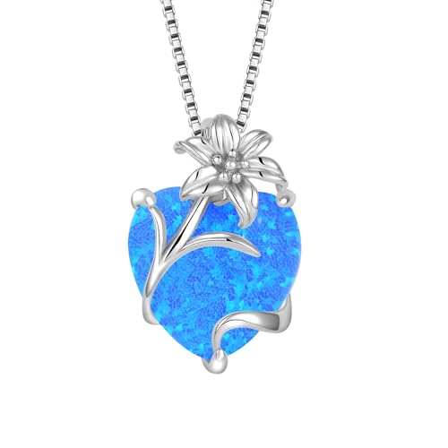 YL Opal Herz Halskette 925 Sterling Silber Lilie Anhänger Kette Blau Opal Schmuck Geschenke für Damen Mutter Freundin von YL