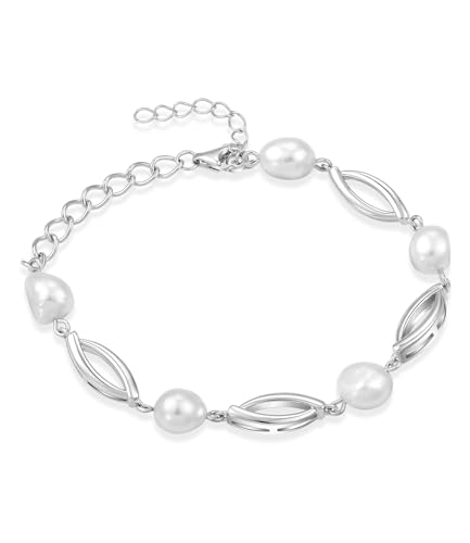 YL Perle Armband 925 Sterling Silber Weißgold Plattiert Barock Perle Armband Schmuckgeschenke für Damen Mutter Freundin,16+3CM von YL