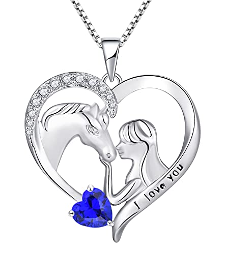 YL Pferd Halskette 925 Sterling Silber Schliff September Geburtsstein Spinell Blau Gravur "I love you" Pferdeherz Anhänger Schmuck für Frauen Freundin von YL