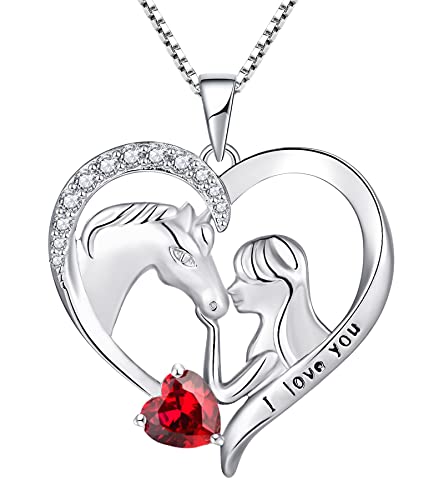 YL Pferd Halskette 925 Sterling Silber geschliffen Juli Geburtsstein Rubin Gravur "I love you" Pferdeherz Anhänger Schmuck für Frauen Freundin von YL