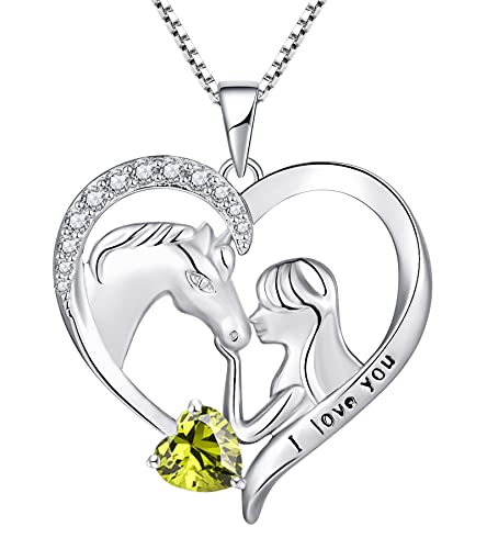 YL Pferde Halskette 925 Sterling Silber Schliff August Geburtsstein Peridot Grüner Zirkonia Gravur "I love you" Pferdeherz Anhänger Schmuck für Damen Freundin von YL