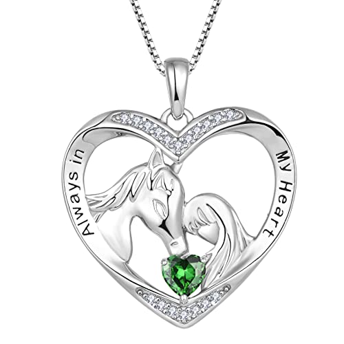 YL Pferdehalskette 925er Sterling Silber Schliff Mai Geburtsstein Grüner Zirkonia Gravur "Always in My Heart" Pferdeherz Anhänger Schmuck für Frauen Freundin von YL