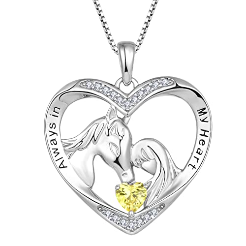 YL Pferdehalskette 925er Sterling Silber Schliff November Geburtsstein Gelber Zirkonia Gravur "Always in My Heart" Pferdeherz Anhänger Schmuck für Frauen Freundin von YL