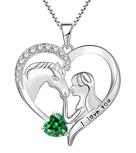 YL Pferdekette 925er Sterling Silber Schliff Mai Geburtsstein Grüner Zirkonia Gravur "I love you" Pferdeherz Anhänger Schmuck für Damen Freundin von YL