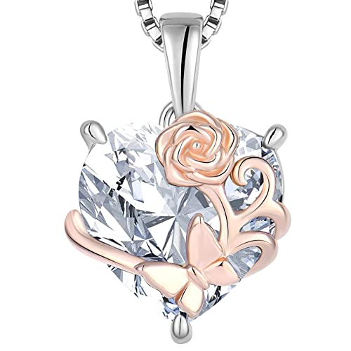 YL Rosa Herz Halskette 925 Sterling Silber Schmetterling Anhänger Kette April Geburtsstein Weiß Zirkonia Halskette Schmuck Geschenke für Damen Mutter Freundin ihre von YL