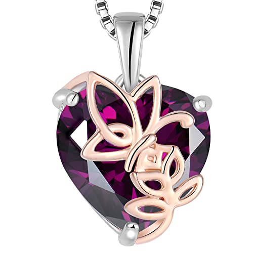 YL Rosa Herz Halskette 925 Sterling Silber Schmetterling Anhänger Kette Februar Geburtsstein Amethyst Schmuck Geschenke für Damen Mutter Freundin ihre von YL