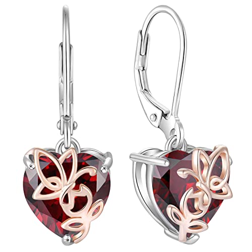 YL Rosa Herz Ohrringe 925 Sterling Silber Schmetterling Ohrringe Januar Geburtsstein Granat Schmuck Geschenke für Damen Mutter Freundin ihre von YL