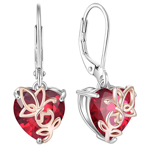 YL Rosa Herz Ohrringe 925 Sterling Silber Schmetterling Ohrringe Juli Geburtsstein Rubin Schmuckgeschenke für Damen Mutter Freundin ihre von YL