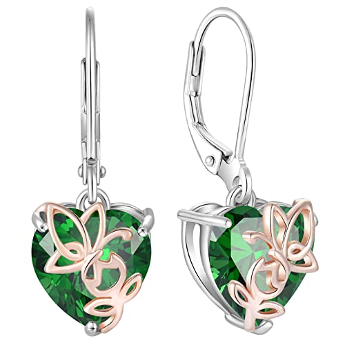 YL Rosa Herz Ohrringe 925 Sterling Silber Schmetterling Ohrringe Mai Geburtsstein Simulierte Emerald Schmuckgeschenke für Damen Mutter Freundin ihre ihre Frau von YL
