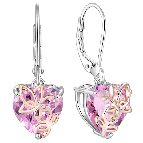 YL Rosa Herz Ohrringe 925 Sterling Silber Schmetterling Ohrringe Oktober Geburtsstein Rosa Turmaline Schmuckgeschenke für Damen Mutter Freundin ihre ihre Frau von YL