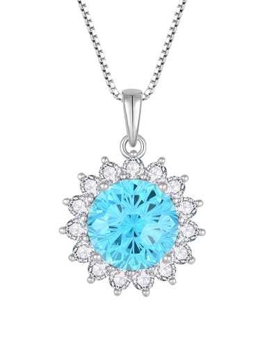 YL Rund Halskette 925 Sterling Silber Feuerwerk schneiden Anhänger März Geburtsstein Aquamarine Kette Schmuckgeschenke für Damen von YL