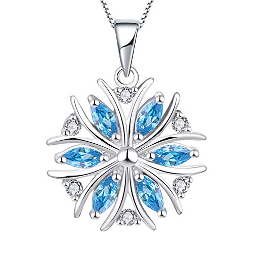 YL Schneeflocke Kette 925 Sterling Silber mit März Geburtsstein Aquamarinblau Anhänger Halskette für Damen von YL