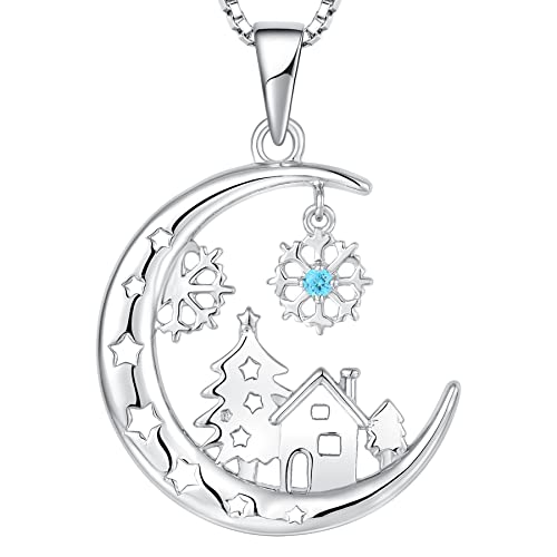 YL Schneeflocke und Weihnachtsbaum Haus Halskette 925 Sterling Silber Aquamarin Blue Pending Geschenk für Frauen, 45 + 3 cm von YL