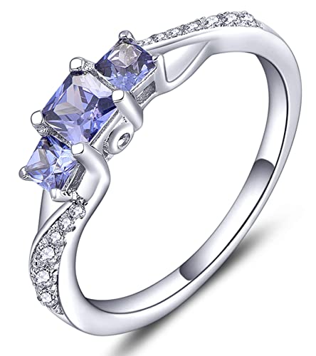 YL Verlobungsring 925 Sterling Silber Prinzessin geschnitten Dezember Geburtsstein Tansanit 3 Stein Ehering für Damen Braut(Größe 56） von YL