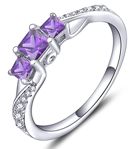 YL Verlobungsring 925 Sterling Silber Prinzessin geschnitten Februar Geburtsstein Amethyst 3 Stein Ehering für Damen Braut(Größe 54） von YL