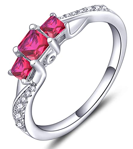 YL Verlobungsring 925 Sterling Silber Prinzessin geschnitten Juli Geburtsstein Rubin 3 Stein Ehering für Damen Braut(Größe 60） von YL