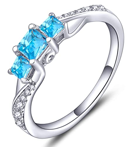 YL Verlobungsring 925 Sterling Silber Prinzessin geschnitten März Geburtsstein Aquamarinblau 3 Stein Ehering für Damen Braut(Größe 52） von YL