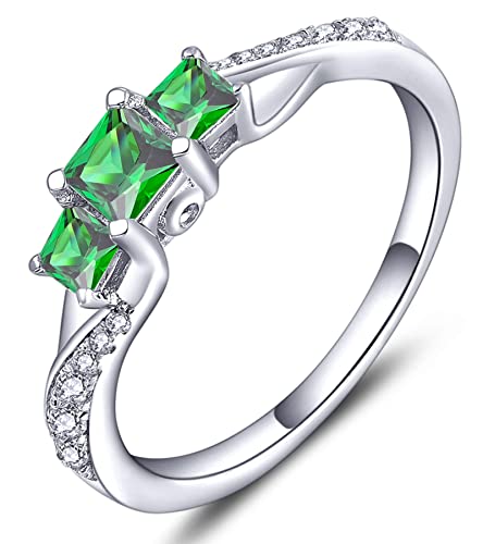 YL Verlobungsring 925 Sterling Silber Prinzessin geschnitten Mai Geburtsstein Smaragd 3 Stein Ehering für Damen Braut(Größe 60） von YL