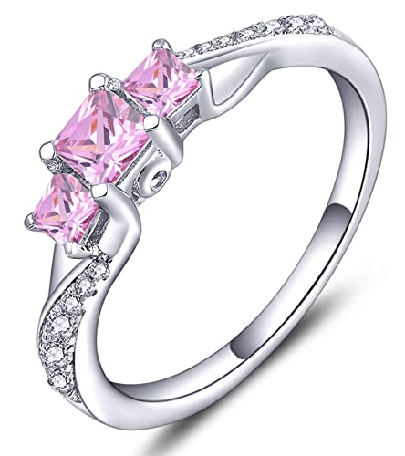 YL Verlobungsring 925 Sterling Silber Prinzessin geschnitten Oktober Geburtsstein Turmalin Rosa 3 Stein Ehering für Damen Braut(Größe 58） von YL