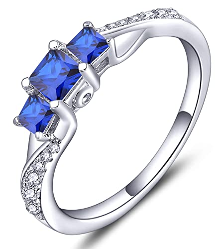 YL Verlobungsring 925 Sterling Silber Prinzessin geschnitten September Geburtsstein Saphir 3 Stein Ehering für Damen Braut(Größe 52） von YL