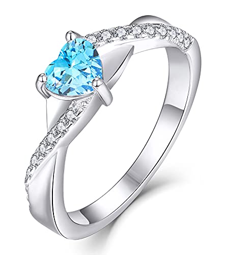 YL Verlobungsring Herz 925 Sterling Silber März Geburtsstein Aquamarinblau Kreuz Unendlichkeit Solitaire Ehering Ring für Braut Damen（Größe 56) von YL