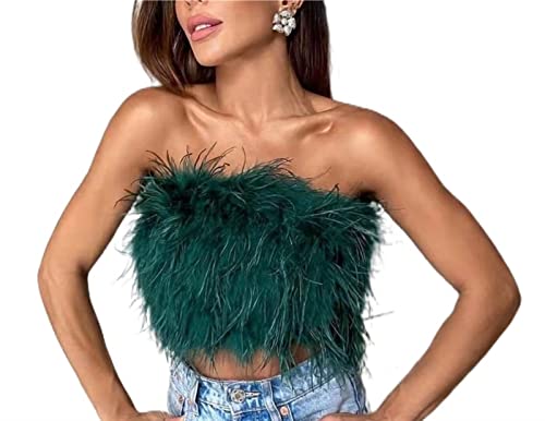 YLFC Feder-Oberteile Für Frauen, Trägerloses Kunstpelz-Crop-Top Ärmelloses, Rückenfreies Schlauchoberteil Flauschiges Schmal Geschnittenes Bandeau-Westen-Tank (Color : Green, Size : XXL) von YLFC