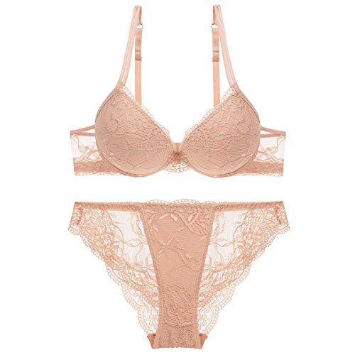 YLISHI Frauen Mode Push Up BH Panty Set Unterwäsche Atmungsaktive Spitze Sexy Dessous Intimates - Beige - 70A von YLISHI