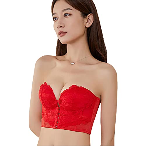 YLISHI Trägerloser BH und Höschen für Damen, Set mit Frontknöpfen, Push Up Büstenhalter, rot, 75C von YLISHI