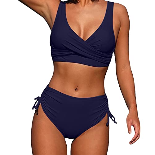 Bikini Damen Set, Bikini Damen Bauchweg Zweiteiliger Push Up Badeanzug Damen V Ausschnitt Überkreuztes Bauchkontrolle Bikini Sexy High Waist Bikini CrossBack BademodeDamen Twistt Front (C-Blue, L) von YLLQXI