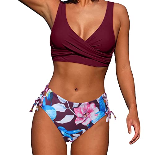 Bikini Damen Set, Bikini Damen Bauchweg Zweiteiliger Push Up Badeanzug Damen V Ausschnitt Überkreuztes Bauchkontrolle Bikini Sexy High Waist Bikini Crossback BademodeDamen Twistt Front (A-Purple, XL) von YLLQXI