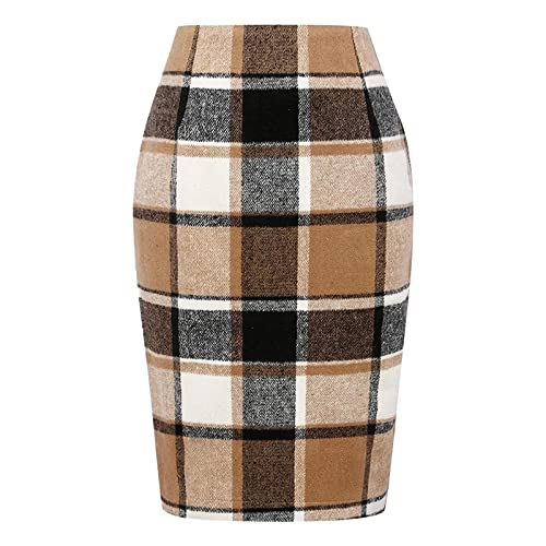 Damen Kariert Knielang Wollrock Winterrock Midirock Büro Figurbetont Mit Plaid A Linie Hohe Taille Arbeitsrock Herbst Winter Vintage Retro Bodycon (B-2, XL) von YLLQXI