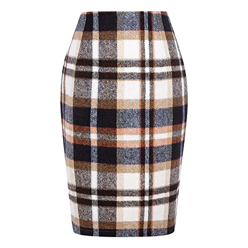 Damen Kariert Röcke Knielang Wollrock Winterrock Midirock Büro Rock Figurbetont Knielang Rock Mit Plaid A Linie Hohe Taille Arbeitsrock Herbst Winter Vintage Retro Bodycon Rock (BW2-3, M) von YLLQXI