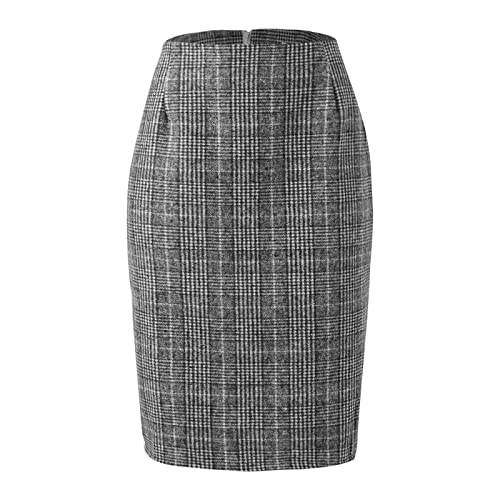 Damen Kariert Knielang Wollrock Winterrock Midirock Büro Figurbetont Mit Plaid A Linie Hohe Taille Arbeitsrock Herbst Winter Vintage Retro Bodycon (Black-6, XL) von YLLQXI