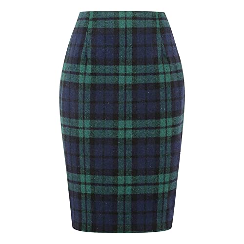 Damen Kariert Röcke Knielang Wollrock Winterrock Midirock Büro Rock Figurbetont Knielang Rock Mit Plaid A Linie Hohe Taille Arbeitsrock Herbst Winter Vintage Retro Bodycon Rock (Green-3, XXL) von YLLQXI