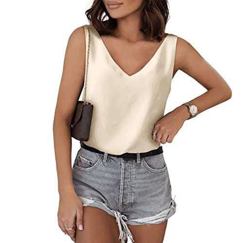 Damen V-Ausschnitt Tops Tank Top Sommer Silk Satin Ärmellose Chiffon Bluse Basic Camisole Shirts Sexy Seide Blusentop Weste Casual Tank Bluse Shirt Oberteile (2-Beige, M) von YLLQXI