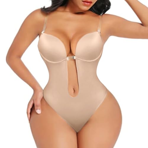 Formende Bodys Damen Shaper BH Rückenfreie Body Shaper BH Miederbody Offener Schritt Tiefen Rückenausschnitt Unsichtbare BHs Push up Abendkleid Bra mit Transparenten Trägern BH Bodys (7-Beige, L) von YLLQXI