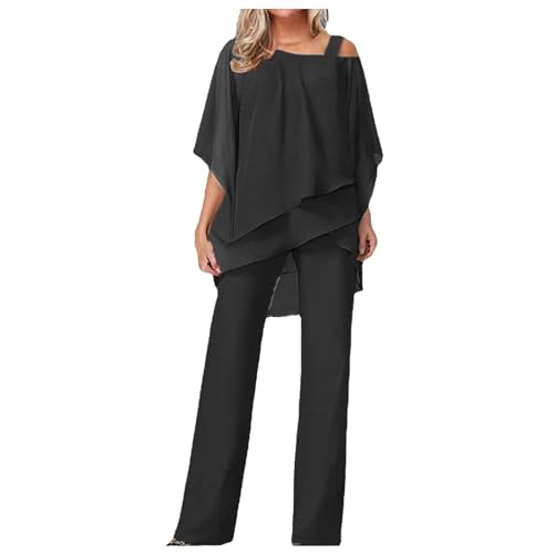 Hosenanzug Damen Tüll Abendanzug Sets Zweiteiler Hosenanzug Damen Festlich Elegant Chiffon Shirt Hohe Taille Hosenanzug Elegant Vintage 2-Teiliges Set Outfit Cocktail Party Hosenanzug (Black-B, L) von YLLQXI