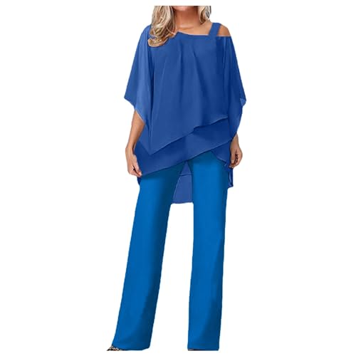 Hosenanzug Damen Tüll Abendanzug Sets Zweiteiler Hosenanzug Damen Festlich Elegant Chiffon Shirt Hohe Taille Hosenanzug Elegant Vintage 2-Teiliges Set Outfit Cocktail Party Hosenanzug (Blue-B, L) von YLLQXI