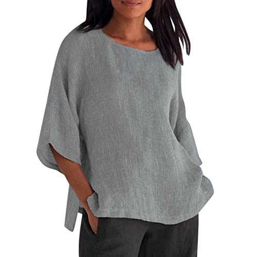 Leinenbluse Damen Leinenhemd Damen Bluse Elegant Sommer Vintage Oversize Locker Tshirt Baumwolle Leinen Bluse Damen Hemd Damenblusen Leichter Hemd Blusenshirt Damenbluse Baggy Pullover (2-Grey, M) von YLLQXI