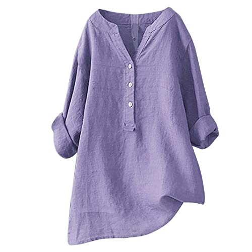 Leinenbluse Damen Sommer Leinen Bluse Damen Oberteile Damen Langarm Große Größen Hemdbluse Blusenkleid Damen Tunika V-Ausschnitt Langarmshirt Leinen Baumwolle Hemd Knopf Einfarbig (Purple #5, M) von YLLQXI