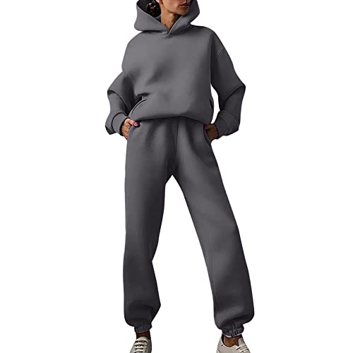 Trainingsanzug Damen Set Jogginganzug Damen Kapuzenpullover Langarm Top + Jogginghose Sportswear 2 Stück Bekleidungsset Sportanzug 2 Teilig Freizeitanzug Einfarbig Hoodie Herbst Winter (1-Grey, XXL) von YLLQXI