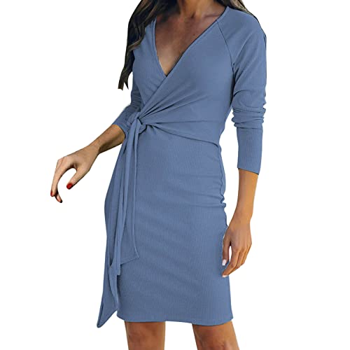 YLLQXI Damen Langarm Stricken V-Ausschnitt Kleid Einfarbig Krawatte Taille Mode Freizeitkleid Knielang Herbst und Winter Interne Kollokation Wickelkleid (Blue, L) von YLLQXI