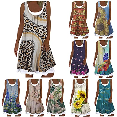 YLLQXI Sommerkleid Damen Casual Lose Ärmellos Kleid Knielang Freizeitkleid Strandkleid Rundhals Kurzes Blume Drucken Gefälschtes Zweiteiliges Kleid Boho Sommerkleid Frauen T-Shirt Kleid von YLLQXI