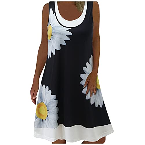 YLLQXI Sommerkleid Damen Casual Lose Ärmellos Kleid Knielang Freizeitkleid Strandkleid Rundhals Kurzes Blume Drucken Gefälschtes Zweiteiliges Kleid Boho Sommerkleid Frauen T-Shirt Kleid von YLLQXI