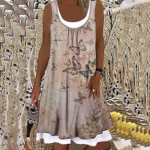 YLLQXI Sommerkleid Damen Casual Lose Ärmellos Kleid Knielang Freizeitkleid Strandkleid Rundhals Kurzes Blume Drucken Gefälschtes Zweiteiliges Kleid Boho Sommerkleid Frauen T-Shirt Kleid von YLLQXI