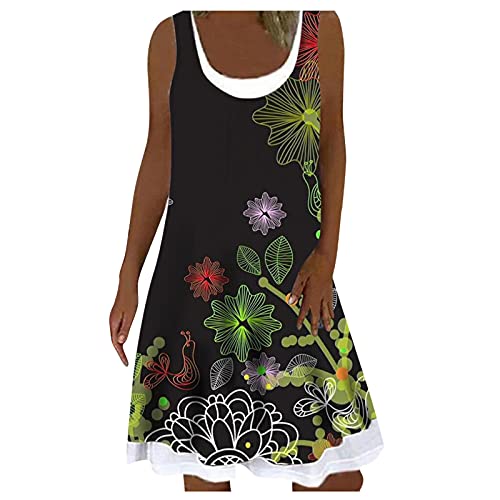 YLLQXI Sommerkleid Damen Casual Lose Ärmellos Kleid Knielang Freizeitkleid Strandkleid Rundhals Kurzes Blume Drucken Gefälschtes Zweiteiliges Kleid Boho Sommerkleid Frauen T-Shirt Kleid von YLLQXI