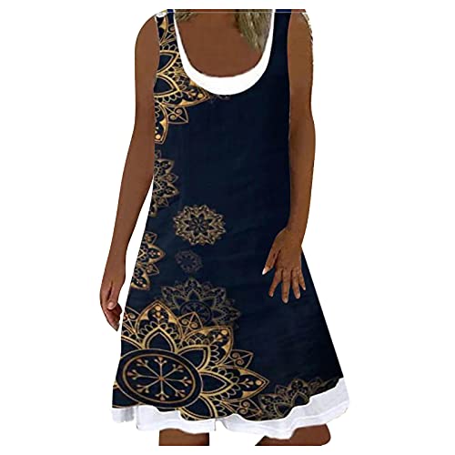 YLLQXI Sommerkleid Damen Casual Lose Ärmellos Kleid Knielang Freizeitkleid Strandkleid Rundhals Kurzes Blume Drucken Gefälschtes Zweiteiliges Kleid Boho Sommerkleid Frauen T-Shirt Kleid von YLLQXI