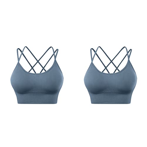 YLLQXI Sport BH Rückenfrei Damen Einfarbig Gepolstert Crossback Sports Bra Spaghettiträger Atmungsaktiv Bequem Ohne Bügel Bustier Push up Sport BH Bra Crop Top für Yoga Fitness (2PC-3-Blue, L) von YLLQXI