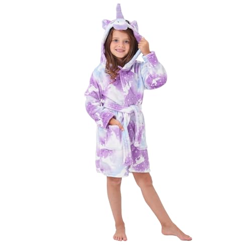 Mädchen Bademantel mit Kapuze Einhorn Bademantel Morgenmantel Nachtwäsche Fleece angenähter Gürtel kniehoch Länge, Einhorn #3, 7-8 Jahre von YLLSOPHAN