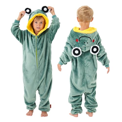 YLLSOPHAN Jungen Mädchen Uni Tier Hoodie Kuh Dinosaurier Frosch Koala Bunny Panda Winter Onesie Pyjama Jumpsuit Schlafstrampler Weiches Fleece Extra Dicke, frosch, 9-10 Years von YLLSOPHAN